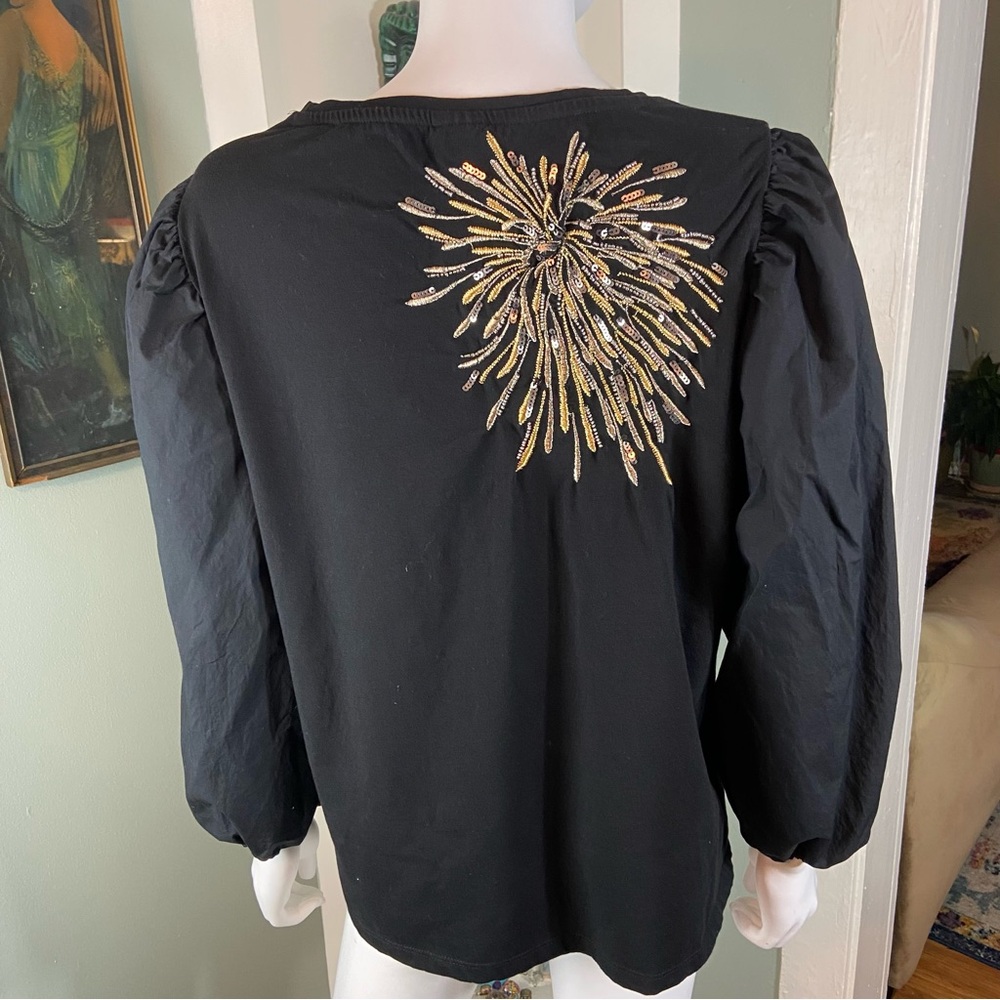 Chico's Sz 2 Fireworks Embroidered Metallic Sequin Blouse Poplin Puff Sleeve L - Picture 5 of 11